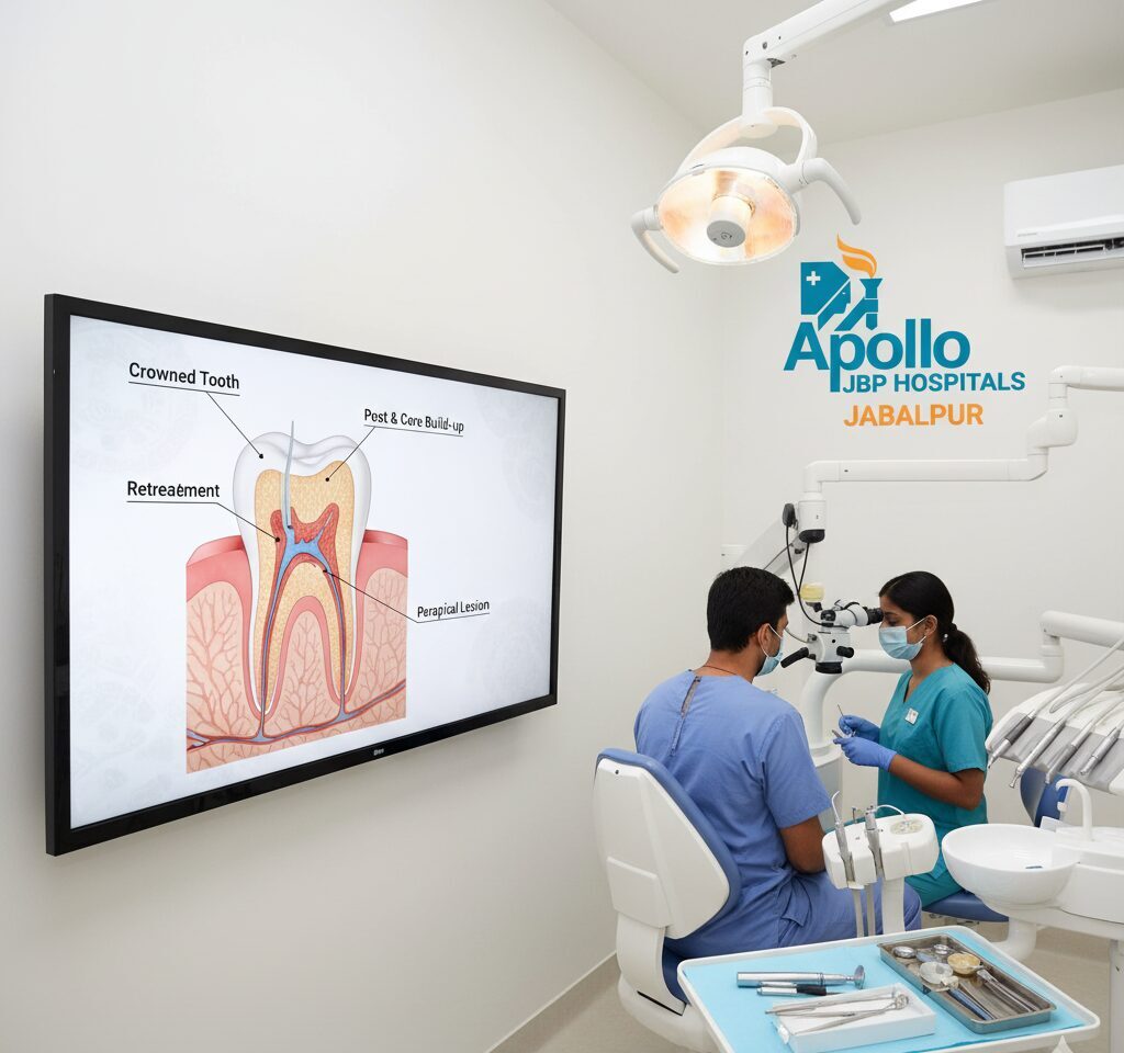 Retreatment of a crowned tooth with post & core build-up and periapical lesion at apollo jbp hospitals