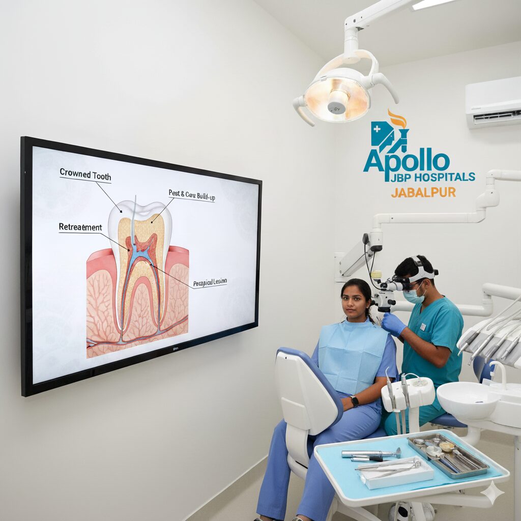 Retreatment of a crowned tooth with post & core build-up and periapical lesion