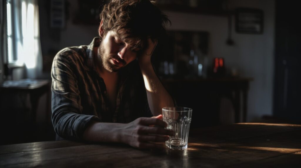 A man experiencing alcohol withdrawal symptoms, holding his head with a distressed expression, sweating and shaking.